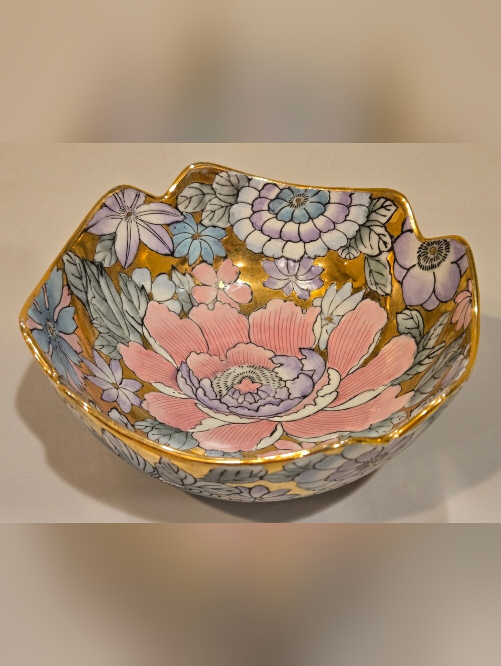 Toyo Hand-Painted Floral Decorative Bowl in Pink, Blue and Gold